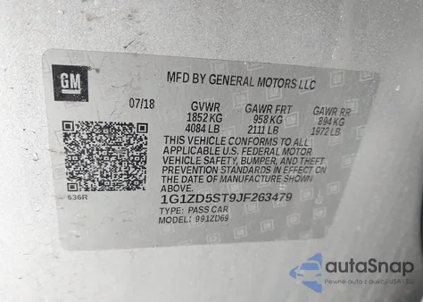 2018 Chevrolet Malibu Lt z USA, uszkodzony, nr VIN 1G1ZD5ST9JF263479